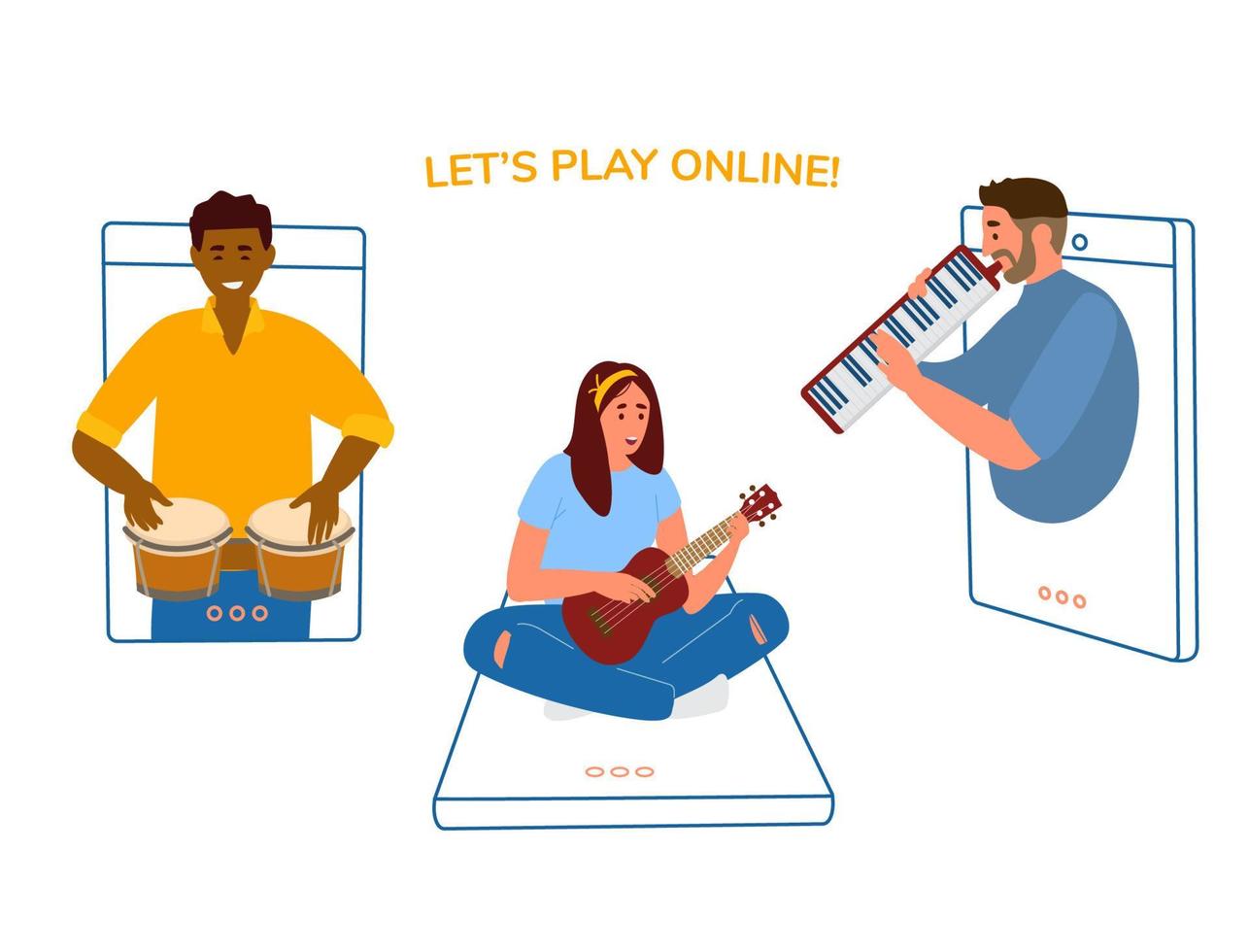 Online Music Concert Or Party Concept. People In Smartphones Playing Music, Singing. Man Playing Drum Bongo, Melodica, Girl Playing Ukulele. Vector Illustration.