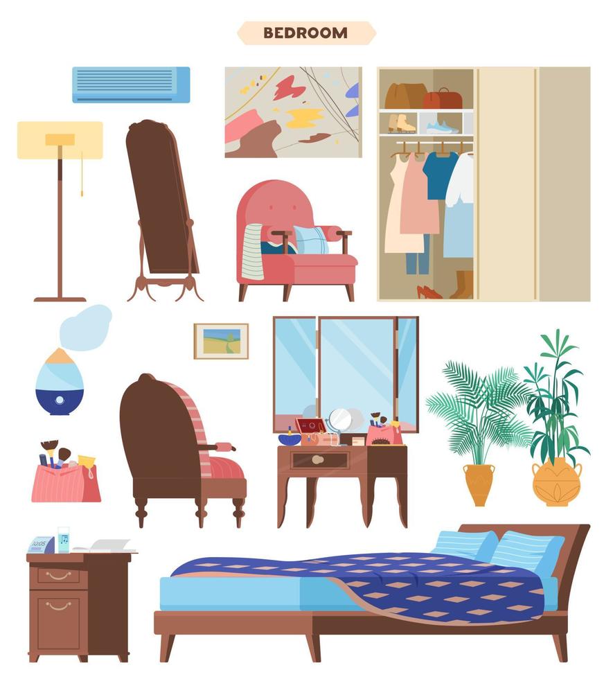 Bedroom Interior Elements Flat Vector Set. Wooden Furniture and accessories.