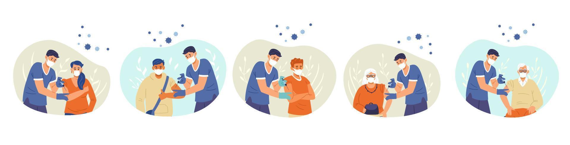 Vaccination against coronavirus set of vector flat spot illustrations. Different men and women getting vaccine shots.