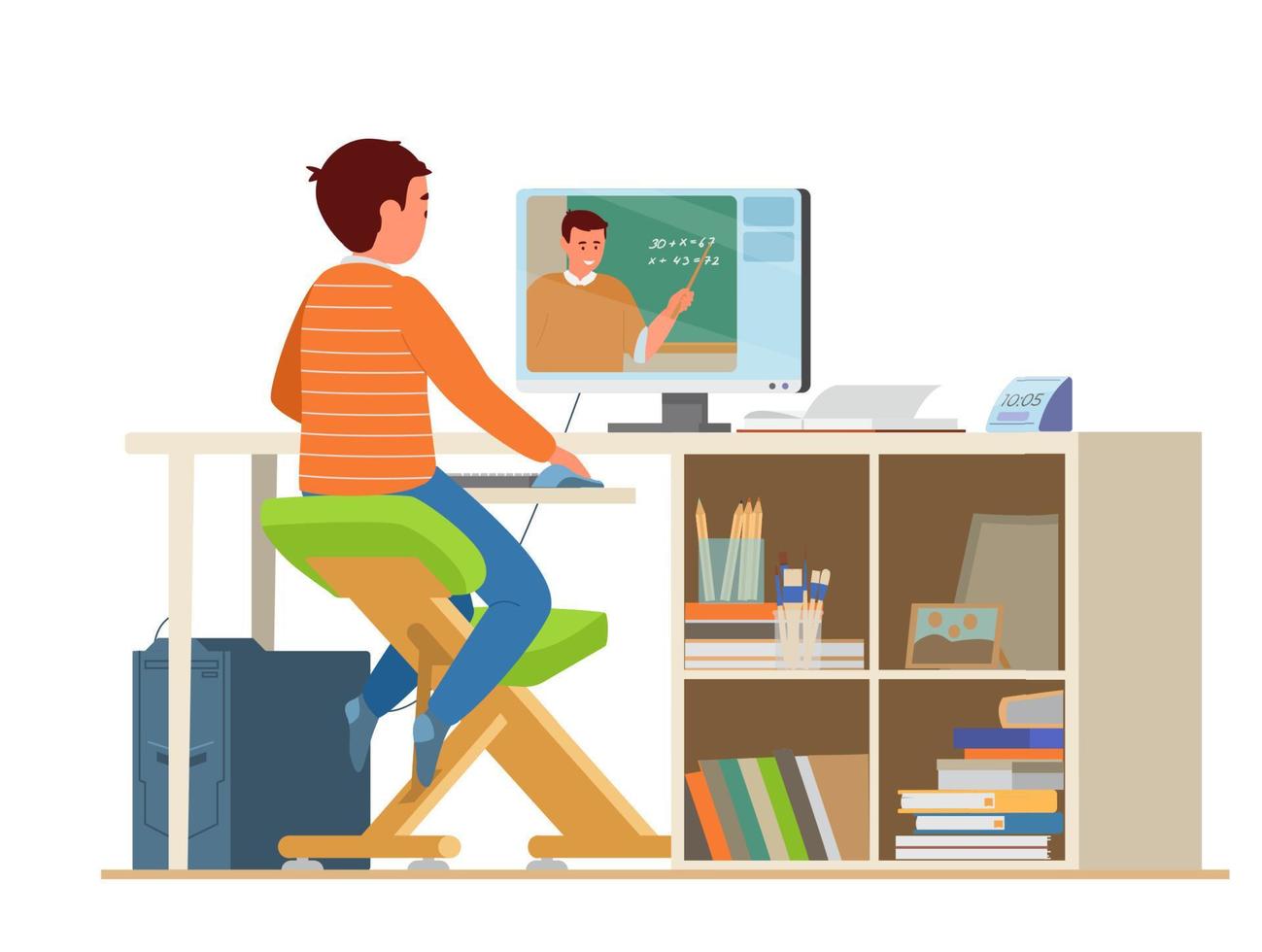 Elementary School Boy Studying Maths Online Flat Vector Illustration. Kid Sitting On Kneeling Stool At Computer. Ergonomic Working Place With School Supplies.