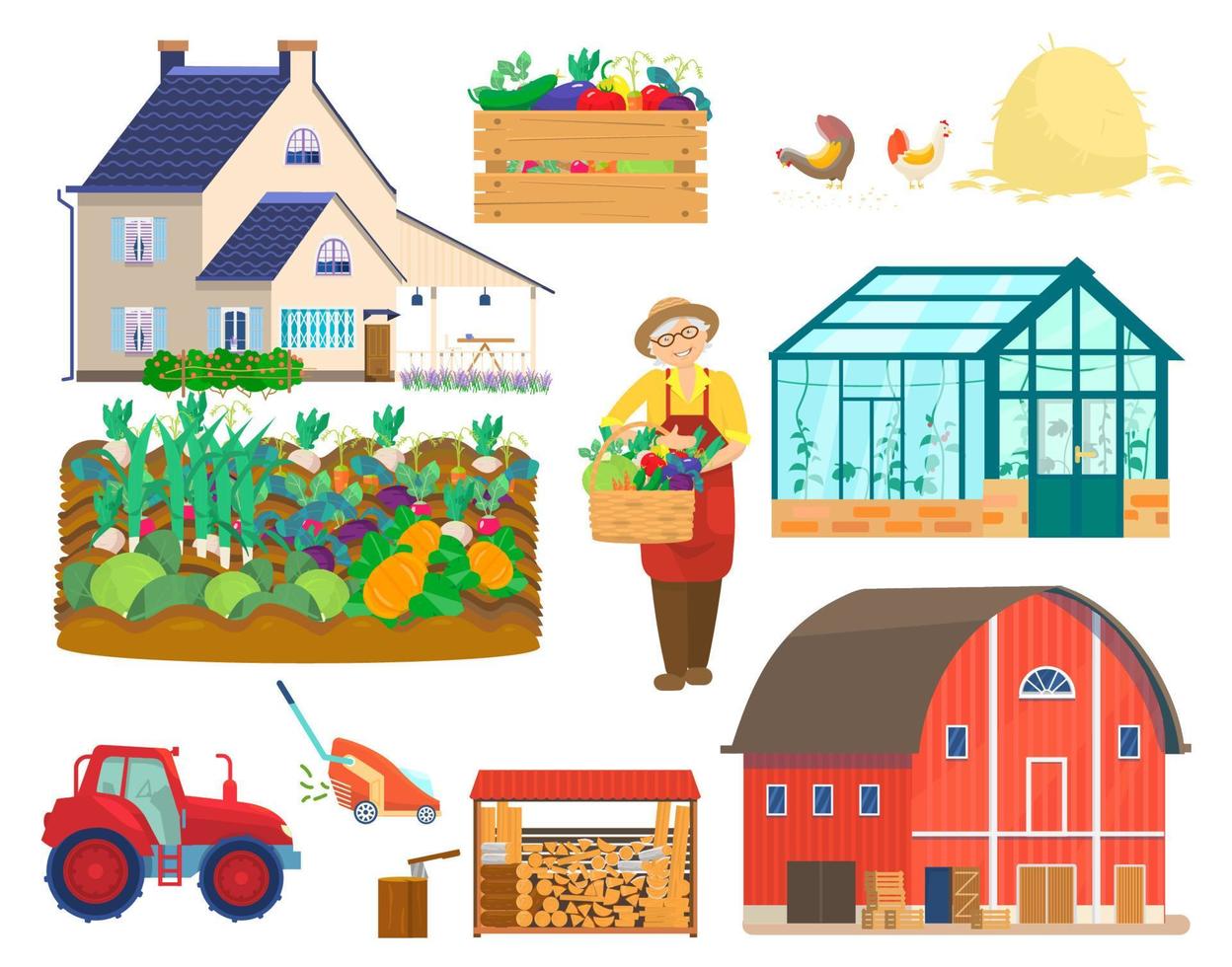 Farm vector set. Countryside set. Red barn, vegetable garden, tractor, greenhouse, woodpile, firewood, lawnmower, gardener with harvest in basket, haystack, chikens, tractor, boxe with vegetables.