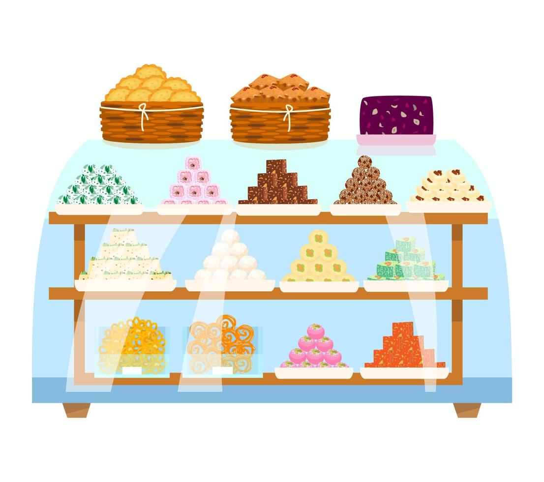 Vector illustration of sweets shop showcase in flat cartoon style. Asian sweets in pyramids and glass containers inside glass showcase. Wicker baskets with pies and cakes.