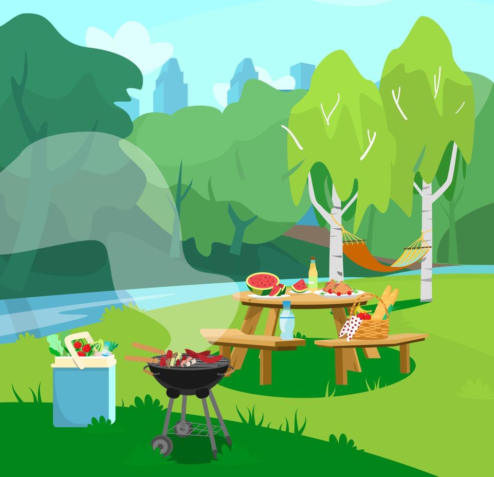 Vector illustration of park scene in city with table with food and barbeque. Cityscape at the background. Picnic basket with fruits, vegetables and baguette. Cartoon style.