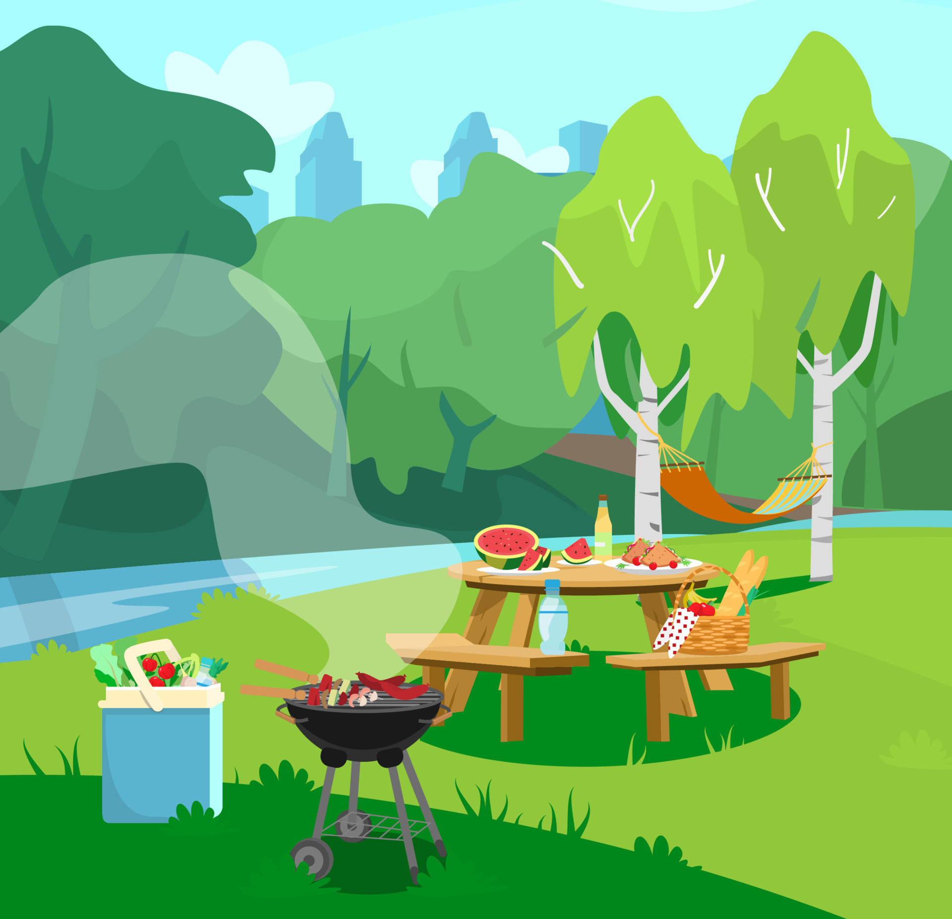 Vector illustration of park scene in city with table with food and barbeque. Cityscape at the background. Picnic basket with fruits, vegetables and baguette. Cartoon style. 8981315 Vector Art at Vecteezy Vector illustration of park scene in city with table with food and barbeque. Cityscape at the background. Picnic basket with fruits, vegetables and baguette. Cartoon style. 8981315 Vector Art at Vecteezy