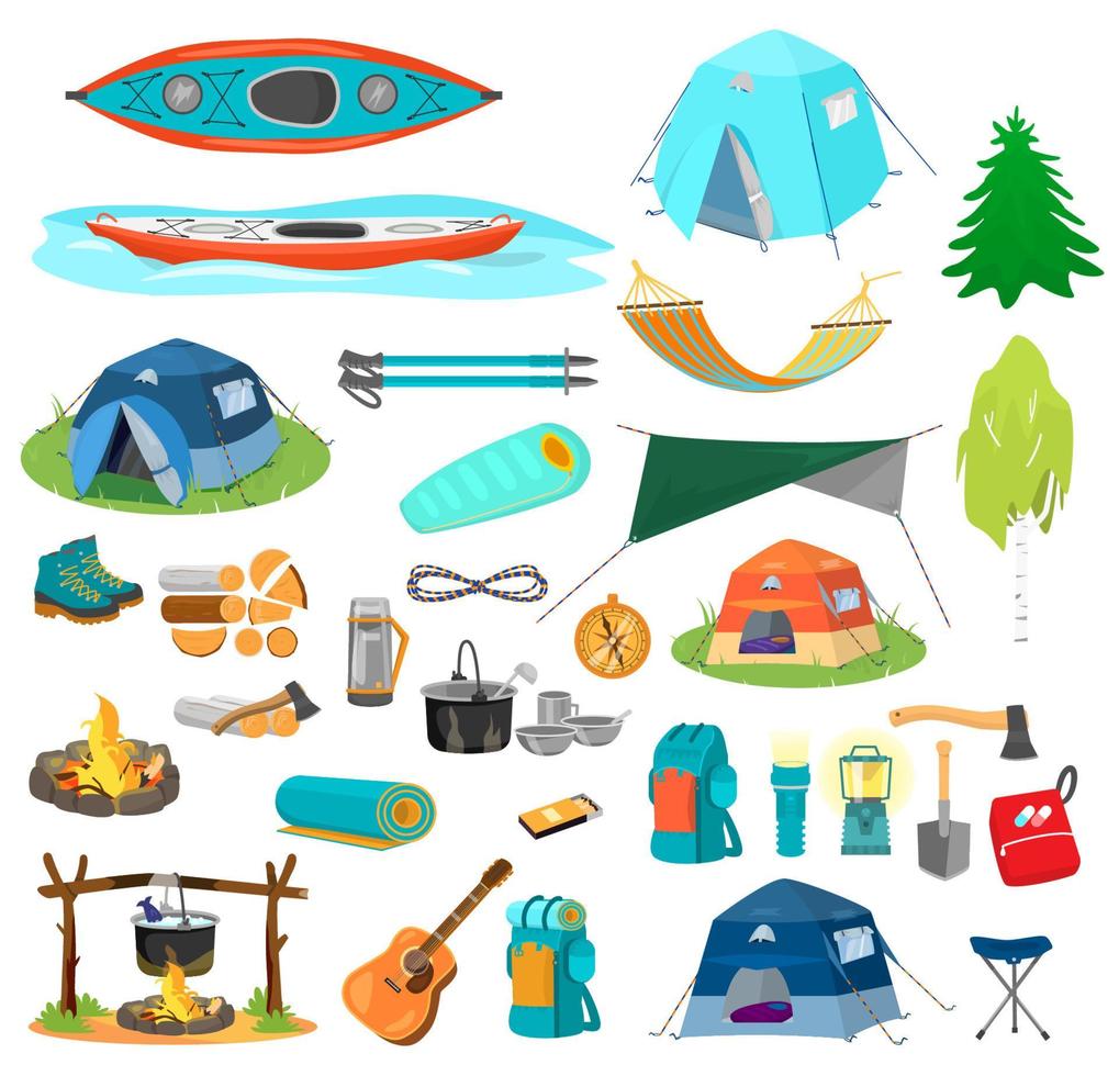 Big vector set of hiking equipment in flat catroon style. Camping elements. Tents, kayaks, backpacks, camp fire, hammock, rope, boots, sleeping bag, axe, chair hiking sticks etc