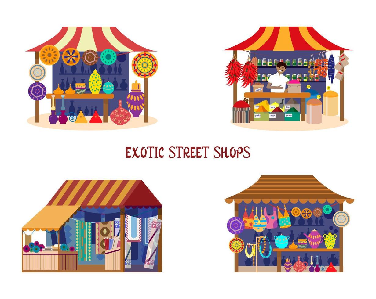 conjunto de vectores de tiendas callejeras exóticas en estilo de dibujos animados planos. conjunto de mercado asiático. tienda de especias con comerciante, tienda de cerámica, tienda de telas y alfombras, tienda de souvenirs.