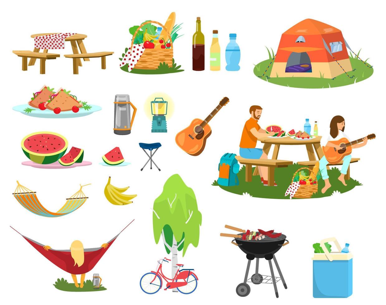 Big vector picnic set. Plates with food, picnic basket, couple having picnic, berbeque, cooler bag, bike near birch, guitar, thermos, drinks, woman relaxing in hammock, tent.