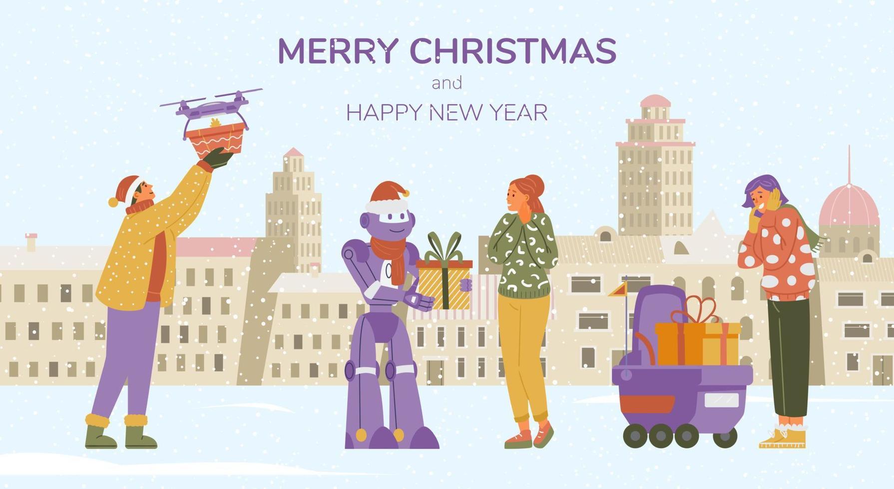 Merry Christmas banner with people receiving gifts from robots and drones with winter city at the background flat  vector illustration.