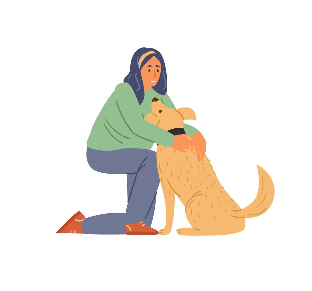 mujer feliz abrazando y acariciando a su perro. ilustración vectorial plana. aislado en blanco vector