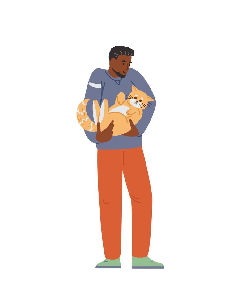 hombre afroamericano sosteniendo un lindo gato. ilustración vectorial plana. aislado en blanco vector