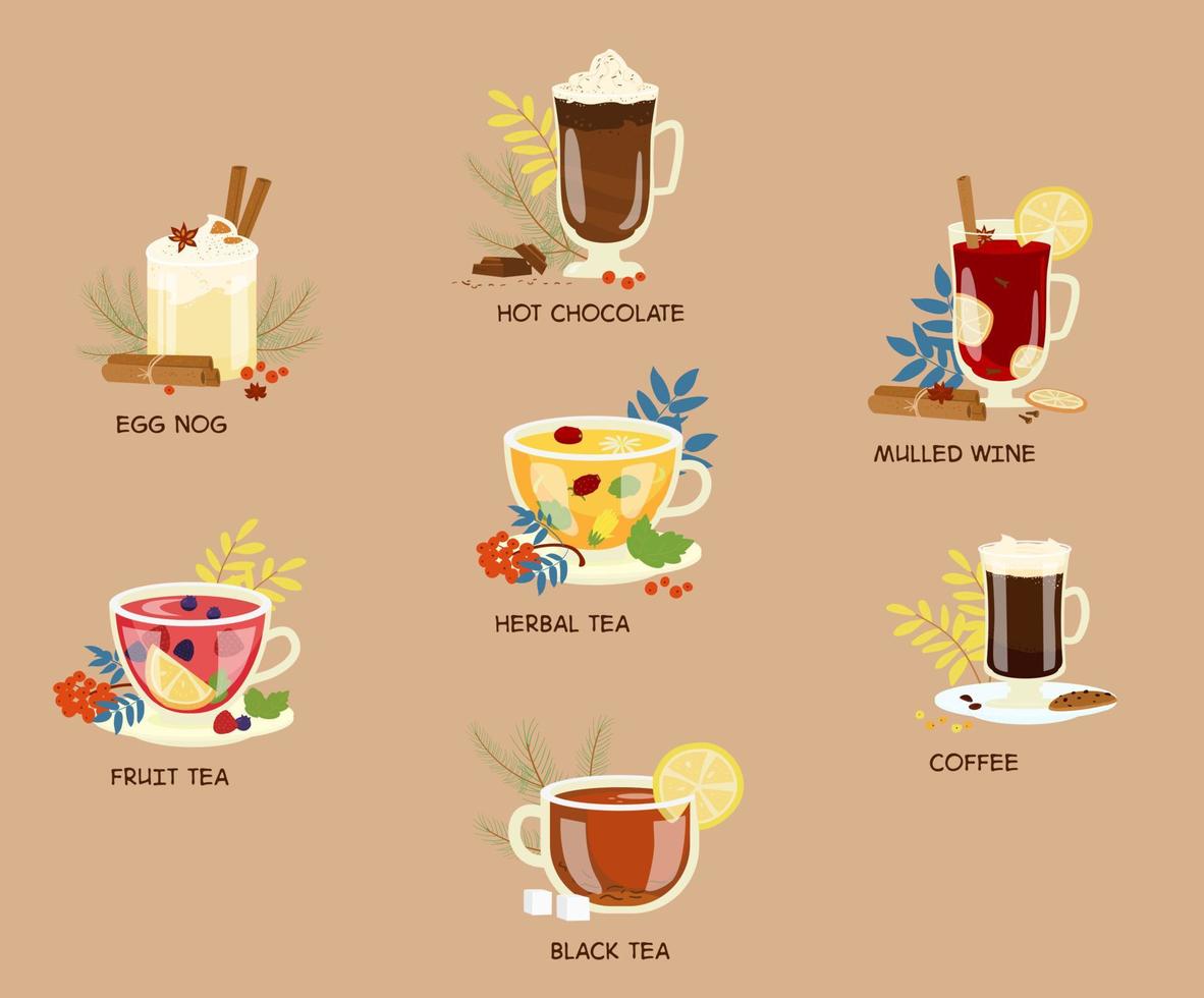 conjunto de bebidas de invierno en vasos de vidrio. ponche de huevo, chocolate caliente, vino caliente, café, té de hierbas, té negro, té de frutas. ilustración vectorial de dibujos animados. vector