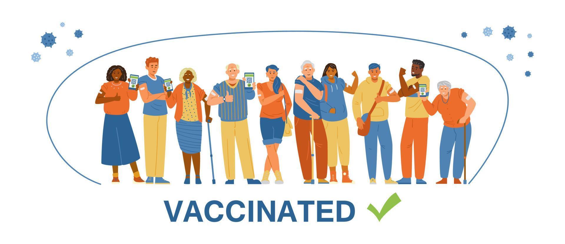 Multiracial people vaccinated flat vector banner. Young and senior men and women showing hands with patches after getting vaccine shot, holding smartphones with vaccination certificates.