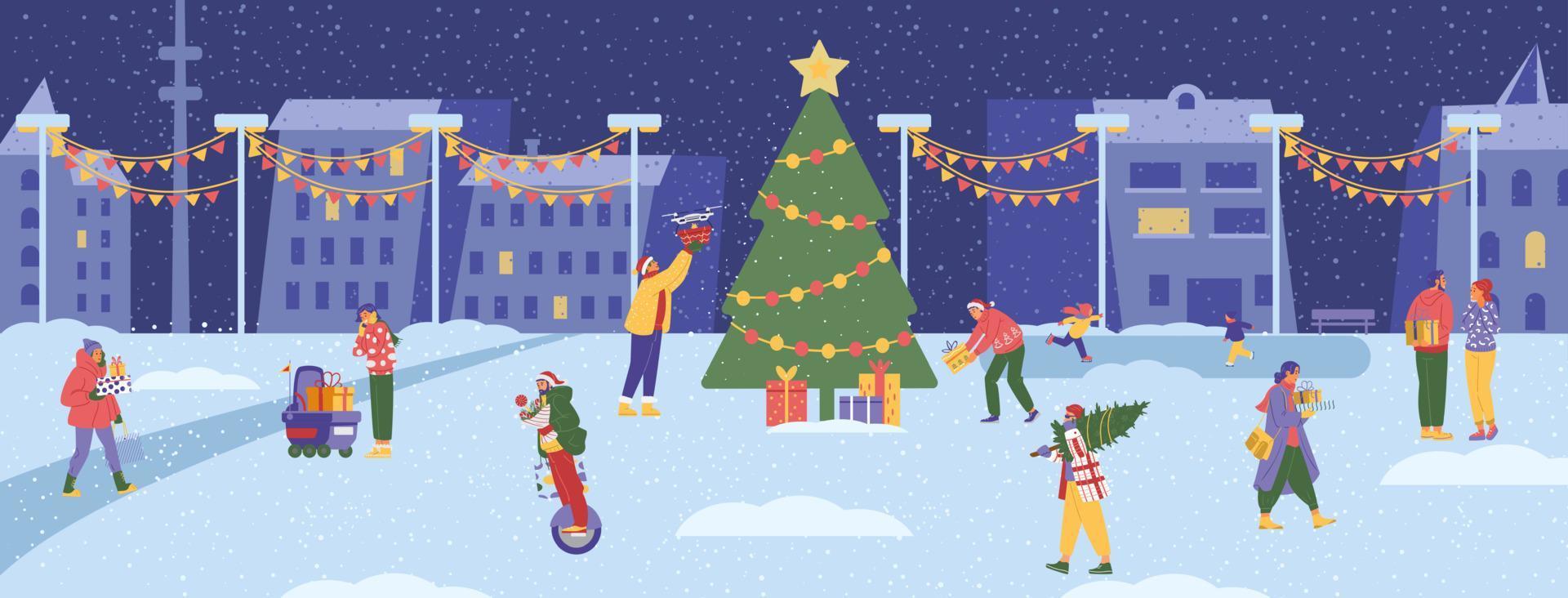 escena de la ciudad de invierno con un gran árbol de navidad y gente caminando con cajas de regalo. banner horizontal de vector plano.