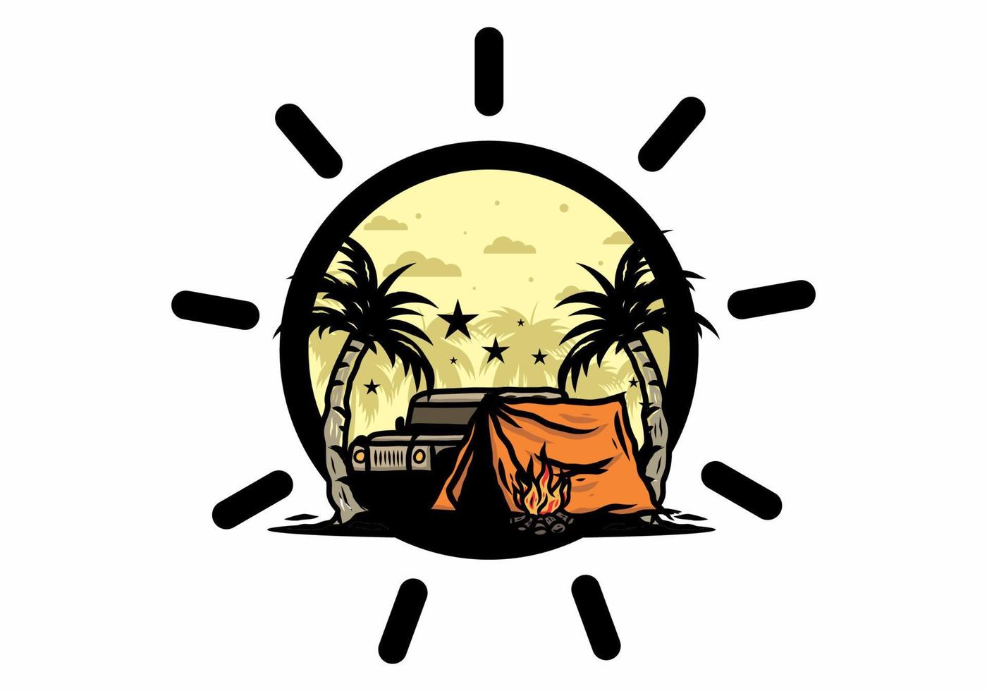 Camping tent in front of car between coconut tree illustration vector