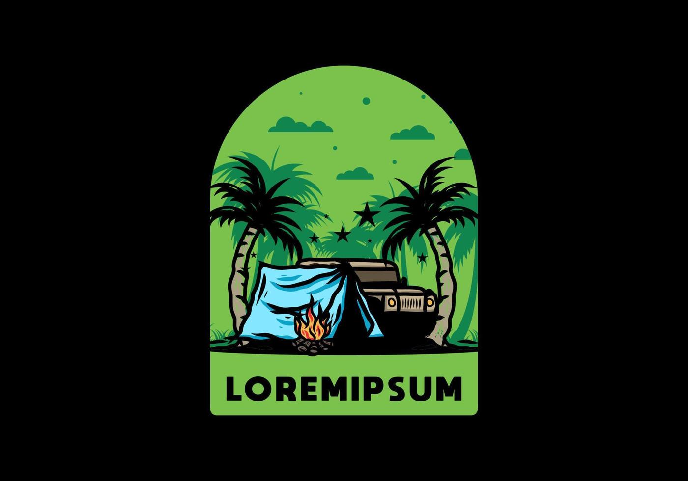 Camping tent in front of car between coconut tree illustration vector