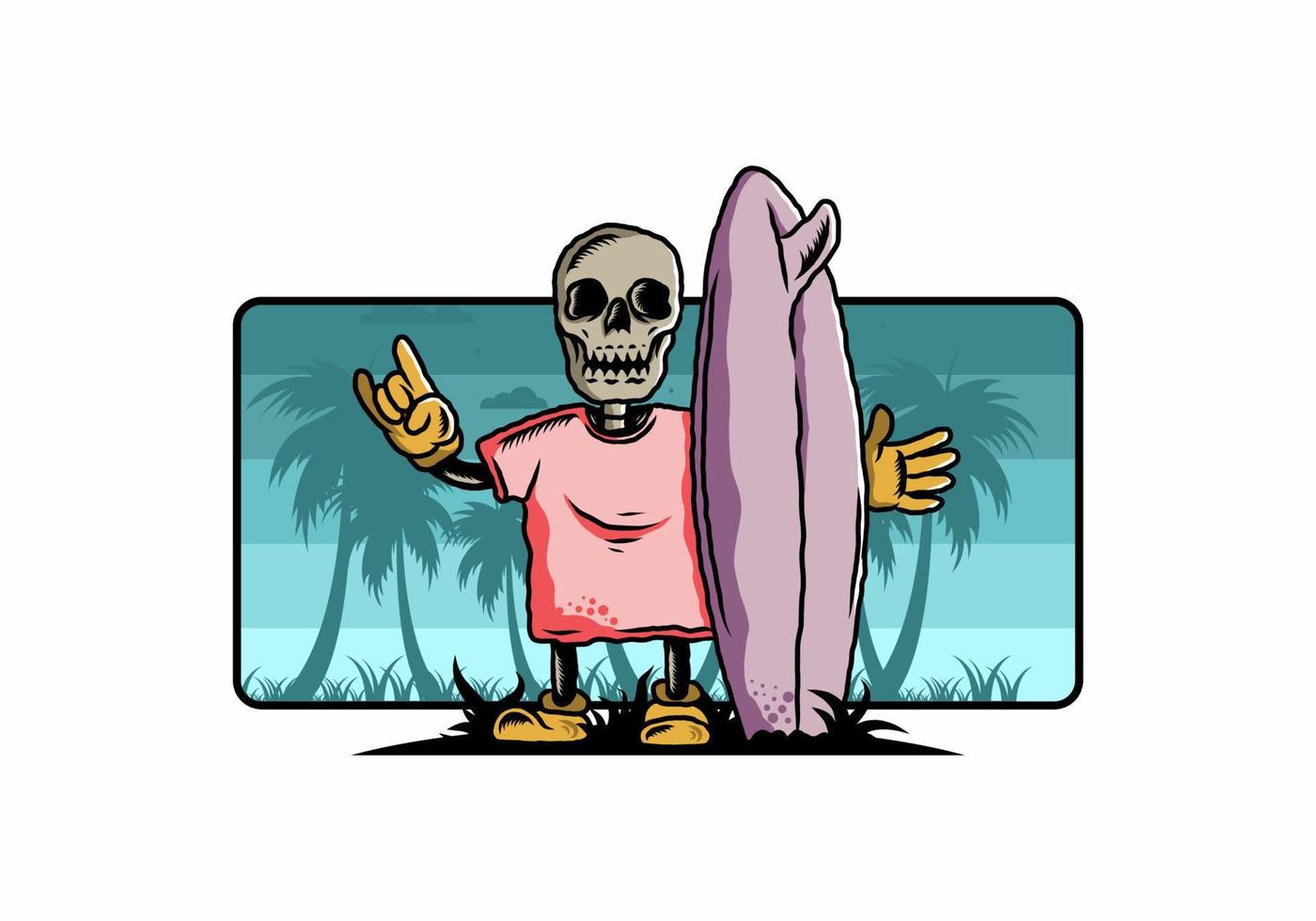 pequeña calavera sosteniendo un diseño de ilustración de tabla de surf vector