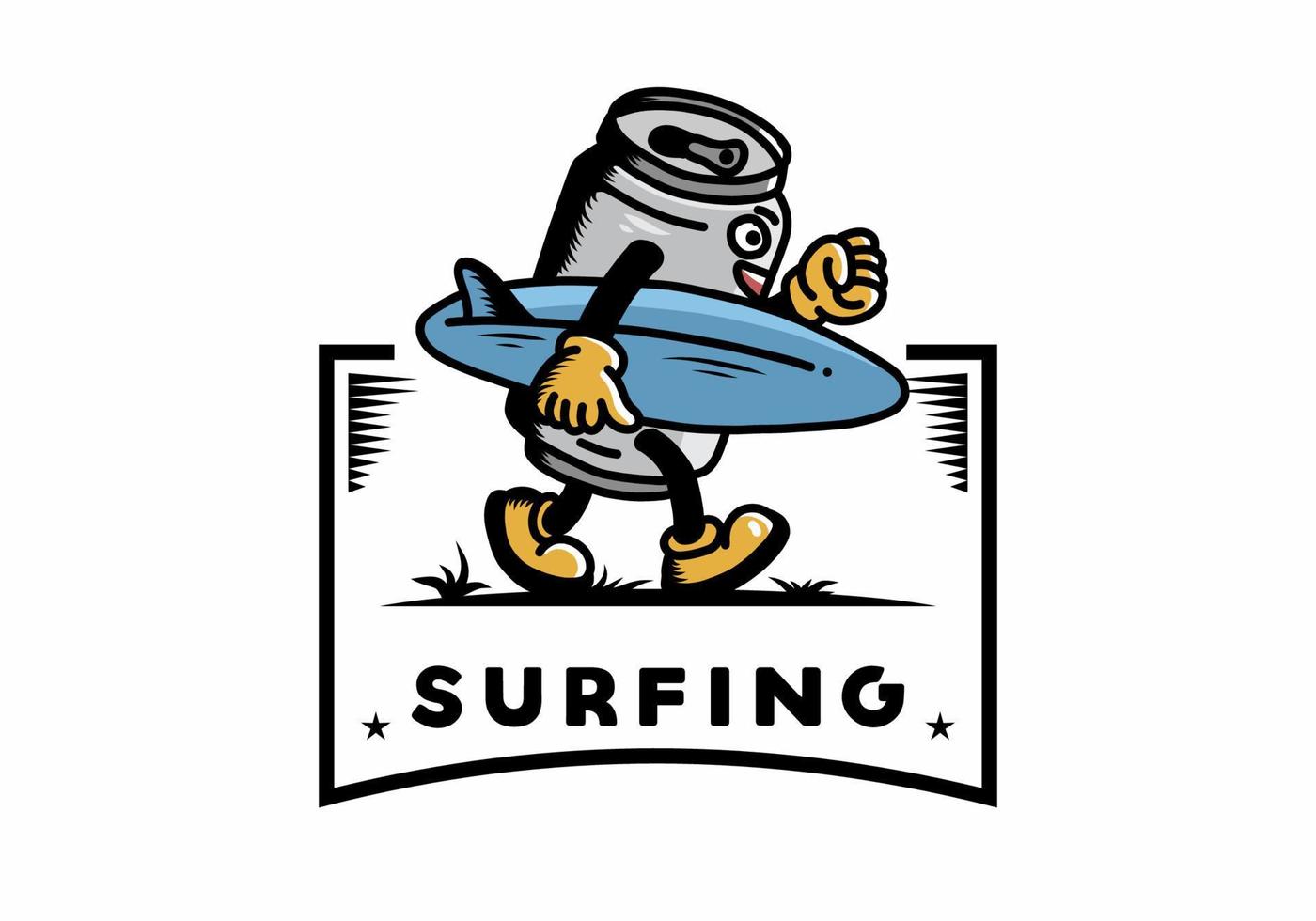 ilustración de una lata de bebida sosteniendo una tabla de surf vector