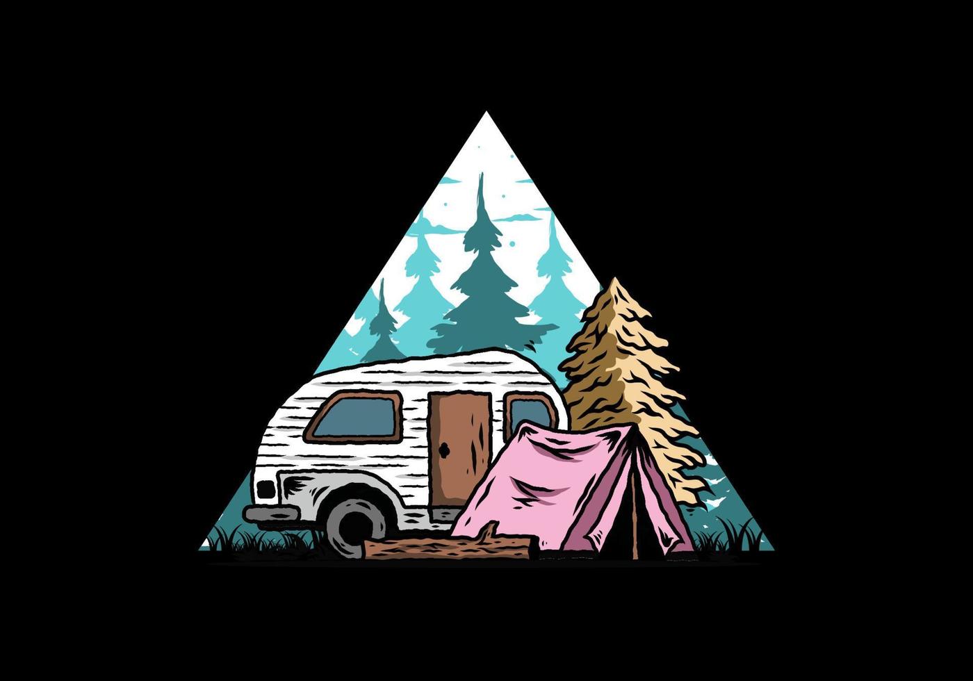 Teardrop camper and tent in front of pine tree illustration vector