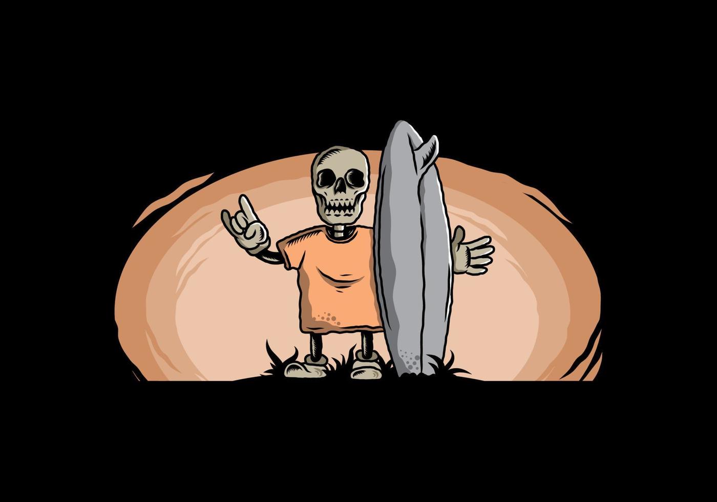 Little skull holding a surfing board illustration design vector