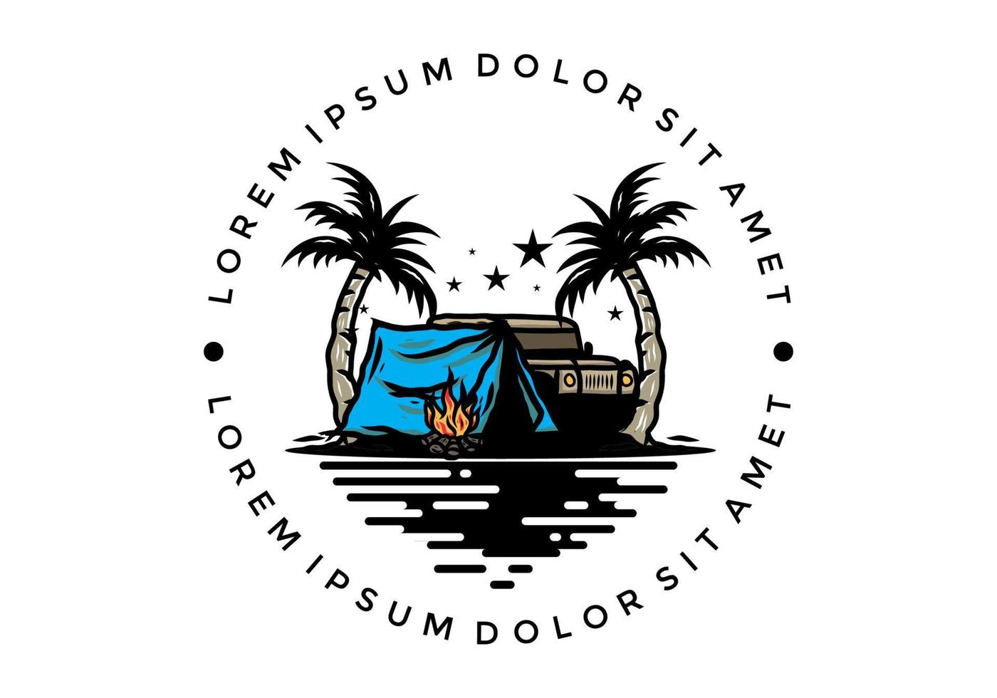 Camping tent in front of car between coconut tree illustration vector