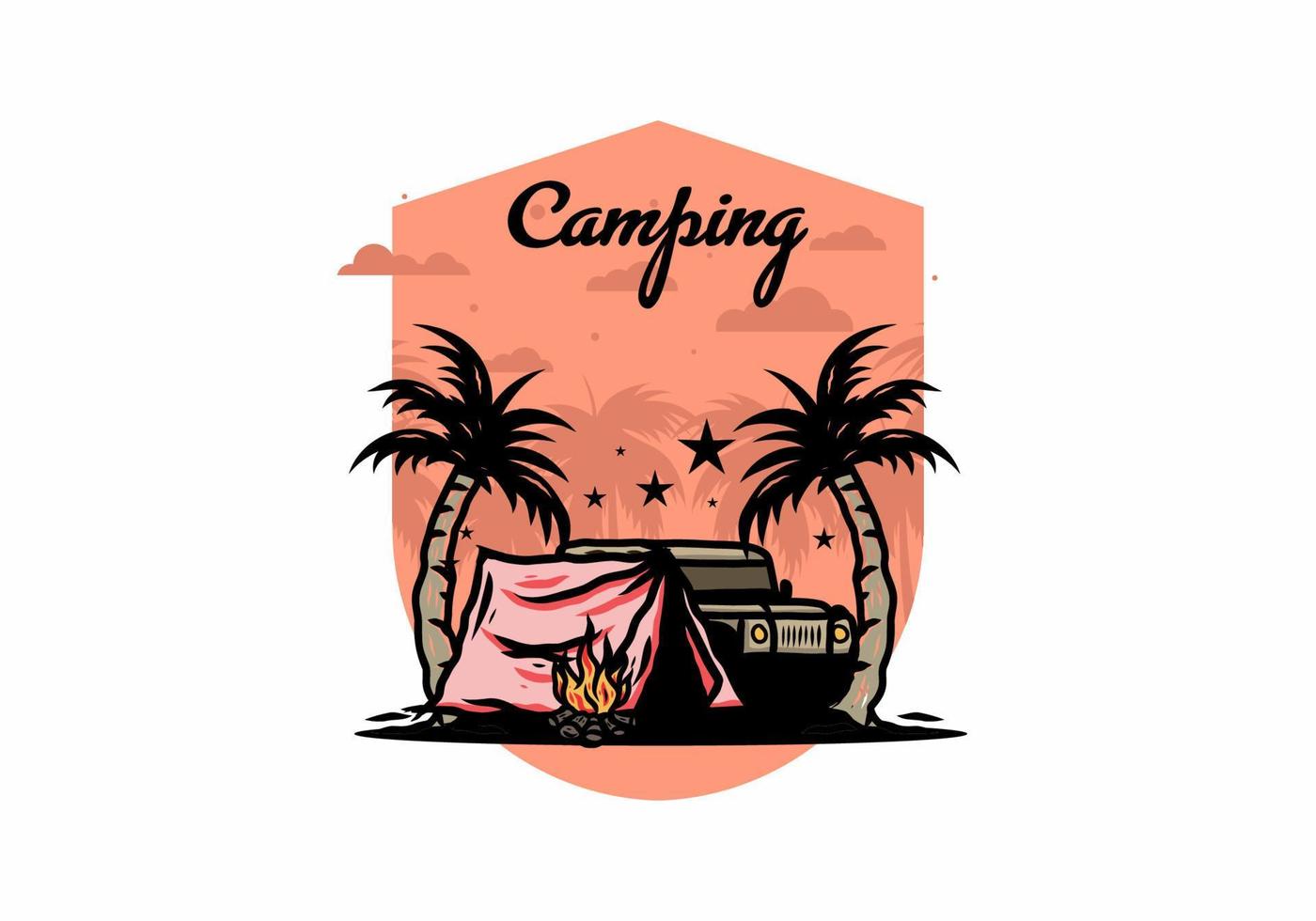 Camping tent in front of car between coconut tree illustration vector