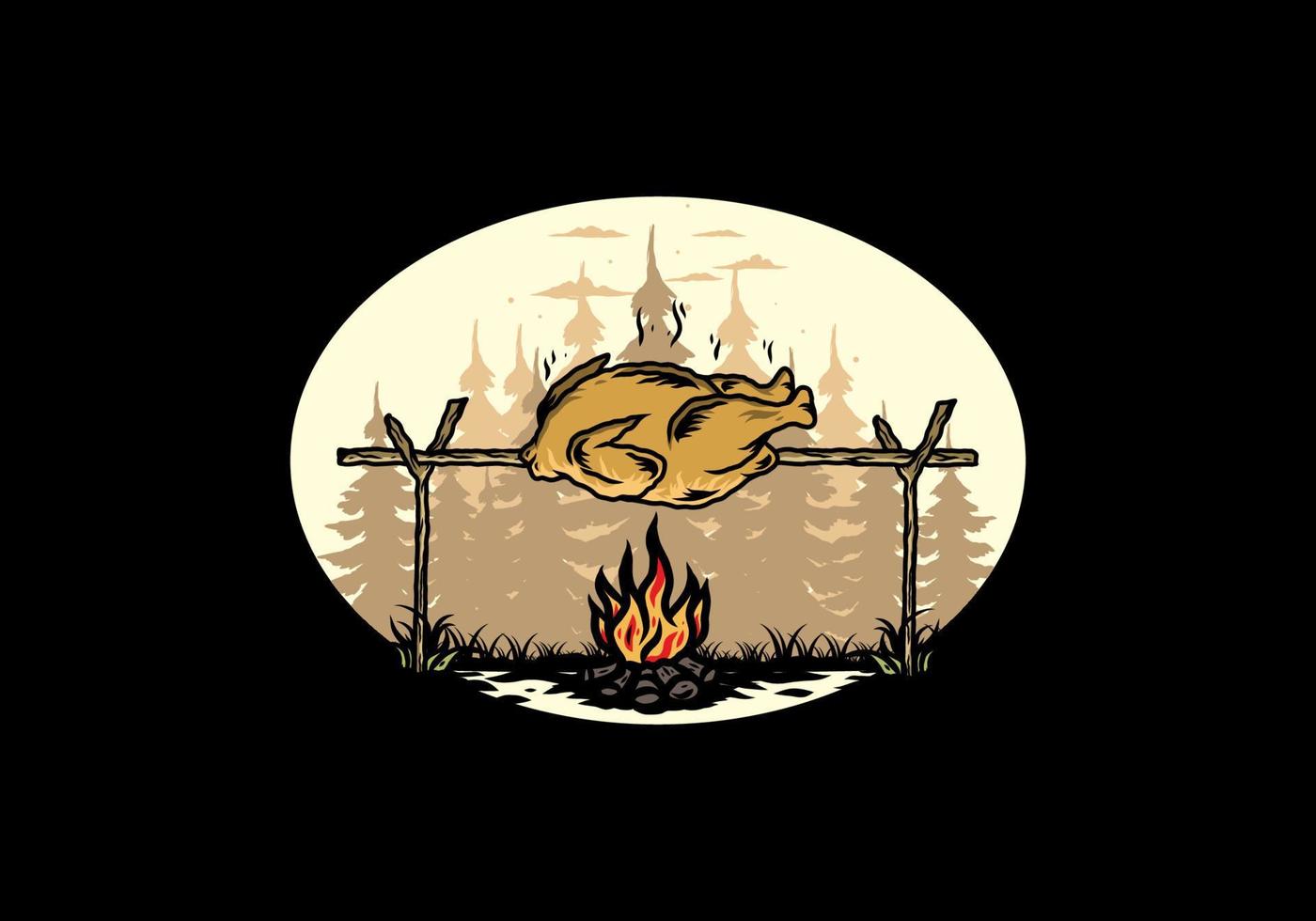 Grilling chicken over bonfire illustration design vector