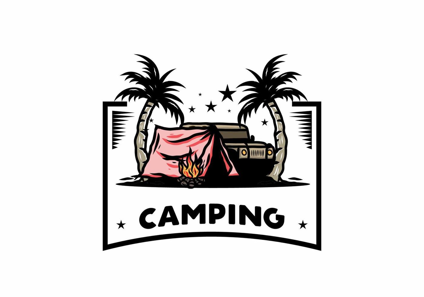 Camping tent in front of car between coconut tree illustration vector