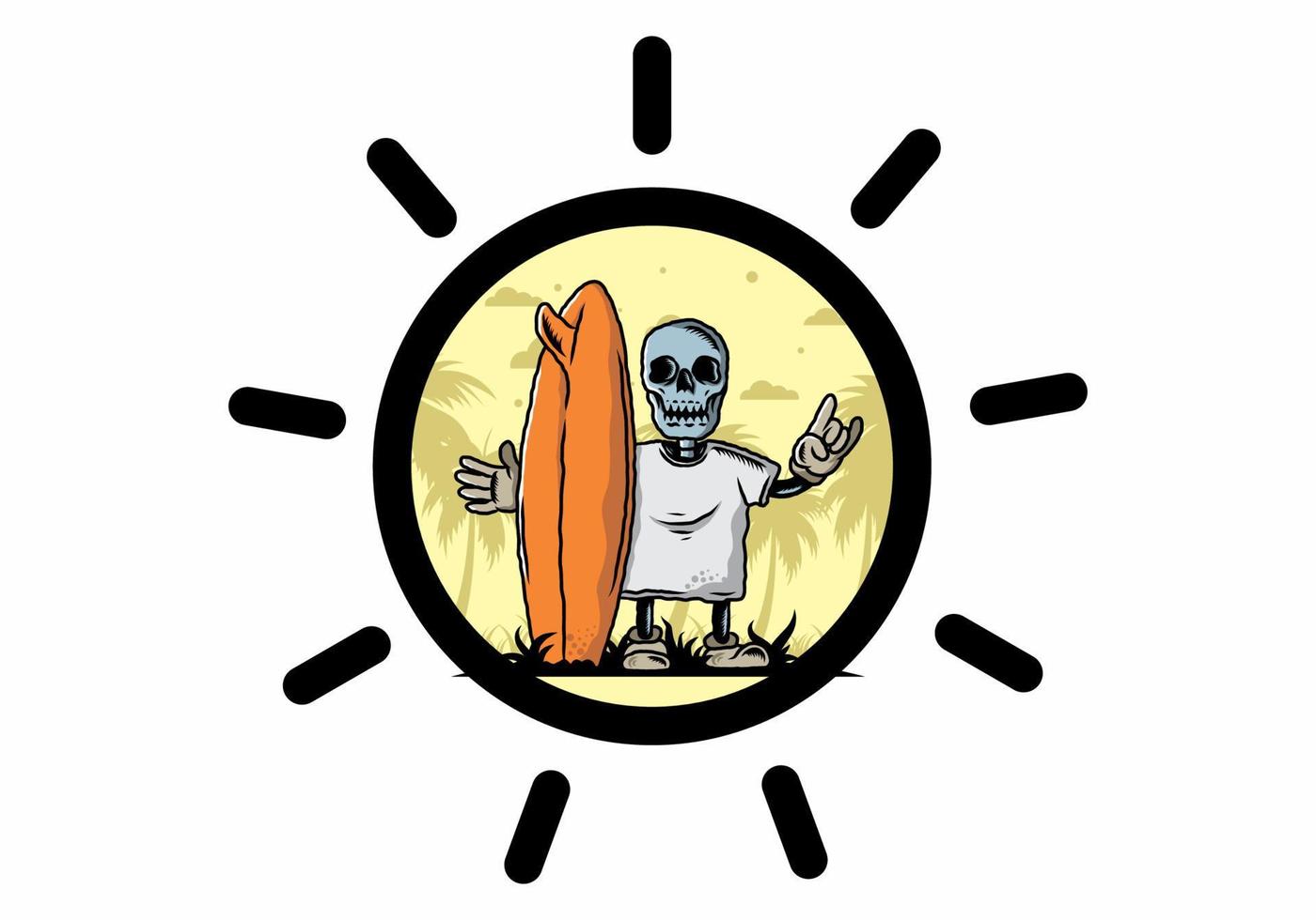 Little skull holding a surfing board illustration design vector