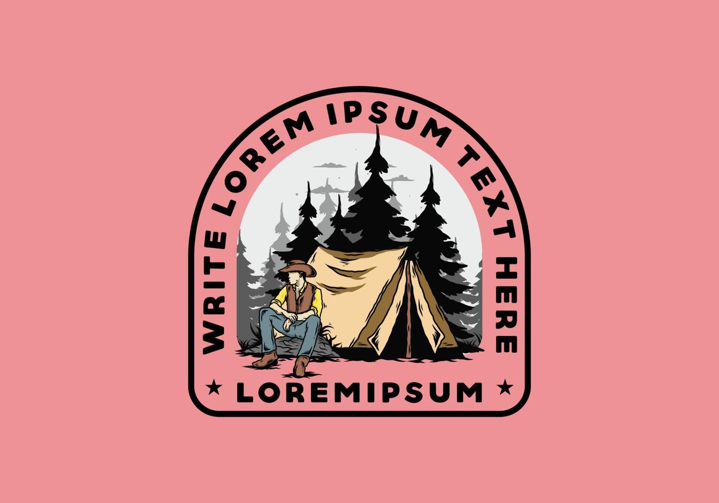 Man wearing a cowboy hat sitting in front of the tent illustration vector