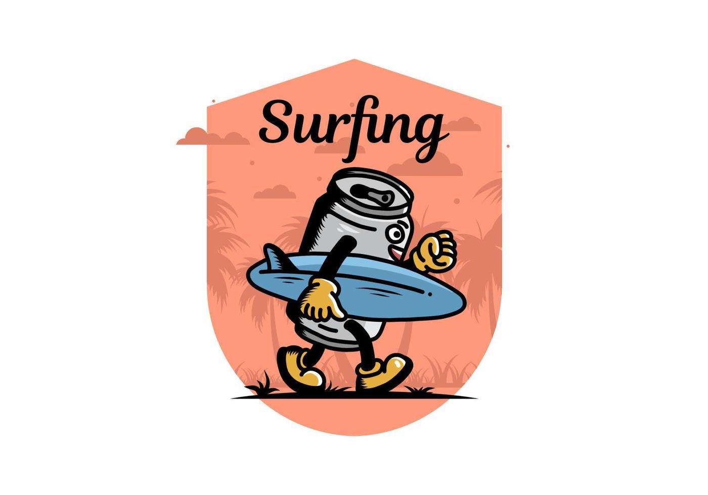 ilustración de una lata de bebida sosteniendo una tabla de surf vector