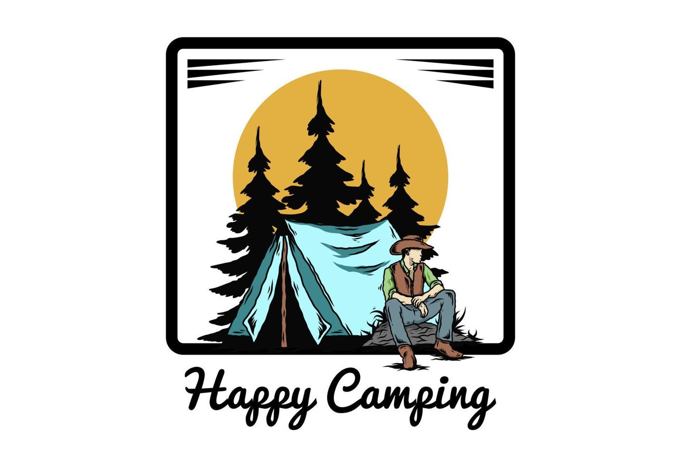 Man wearing a cowboy hat sitting in front of the tent illustration vector