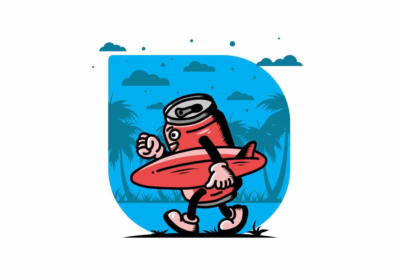 illustration of a drink can holding a surfboard vector