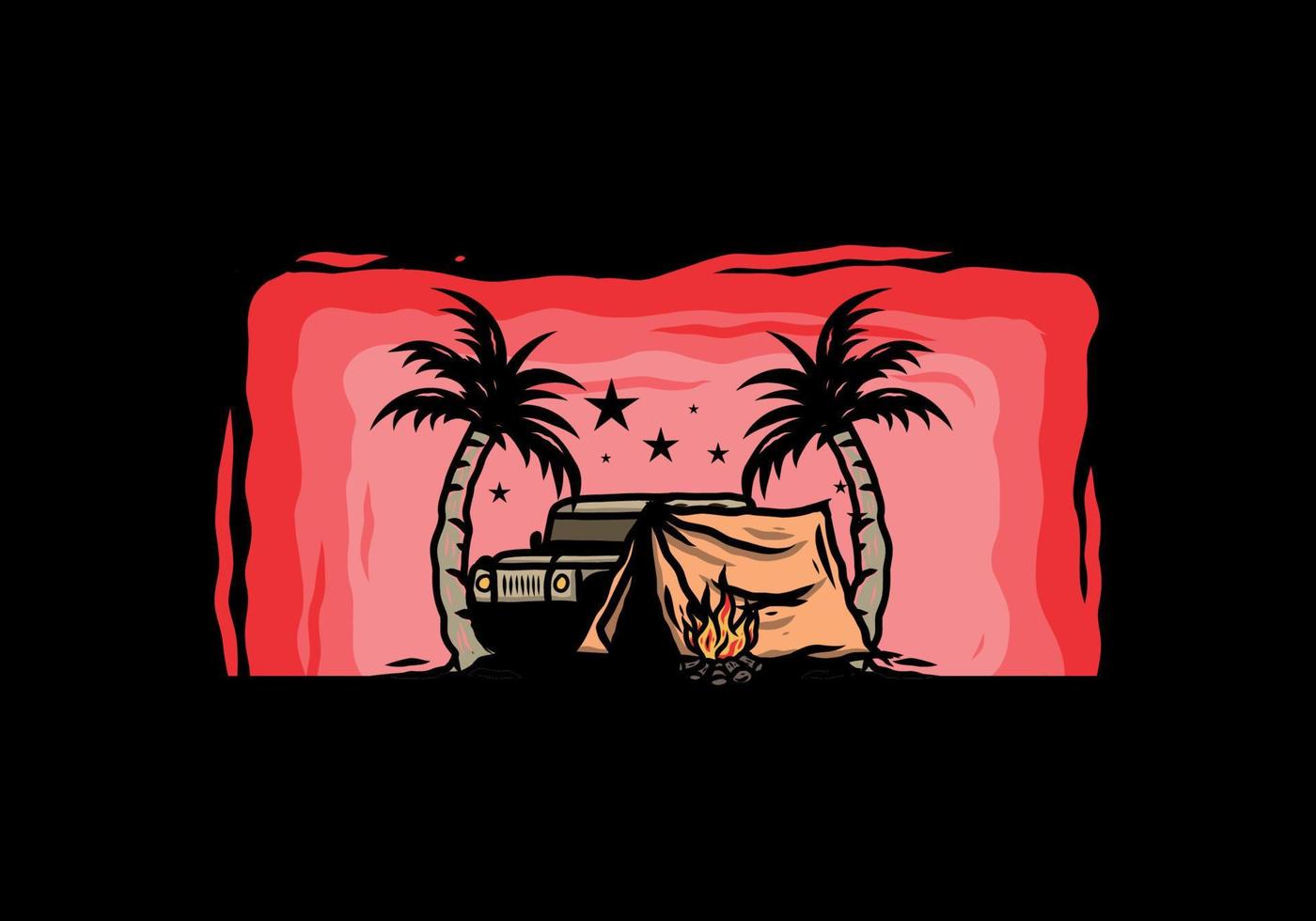Camping tent in front of car between coconut tree illustration vector