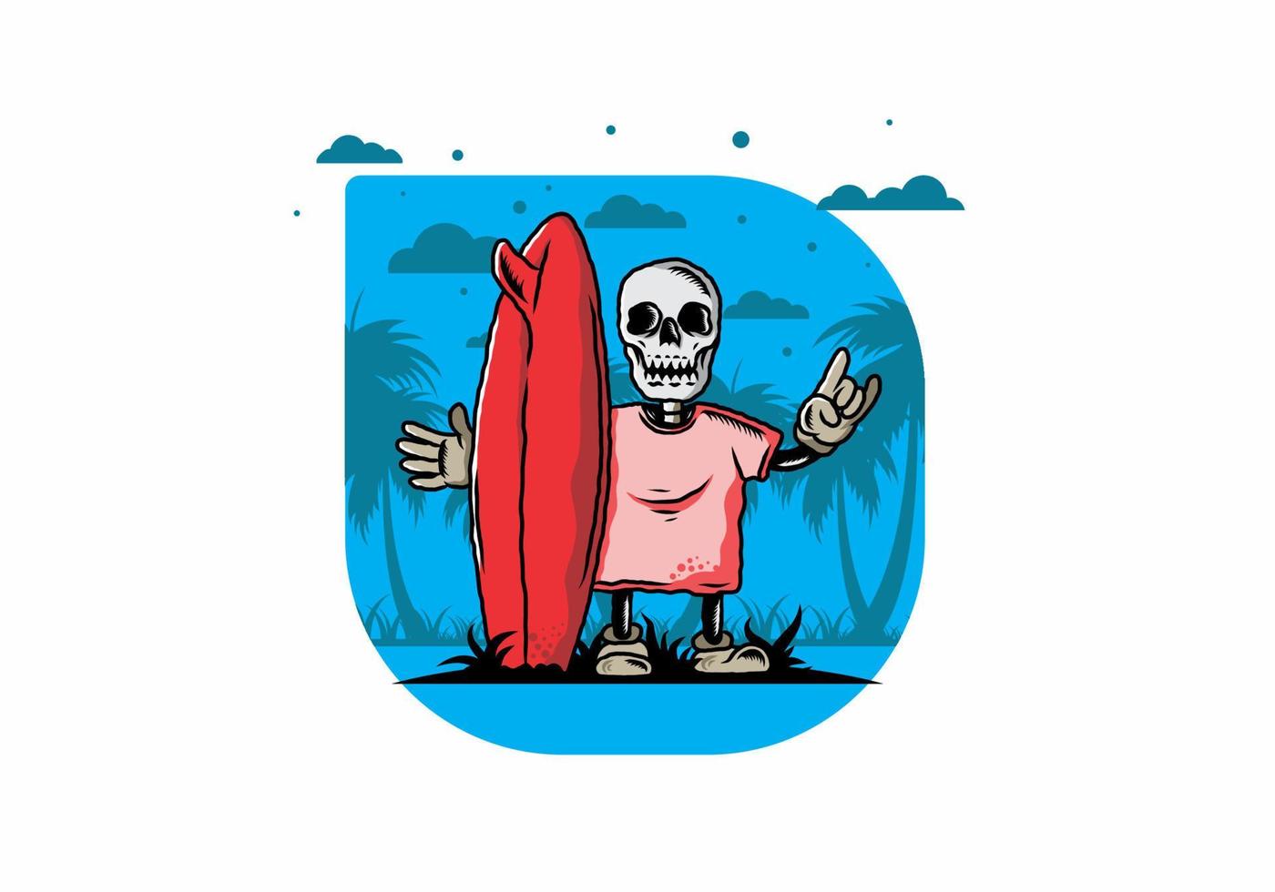 Little skull holding a surfing board illustration design vector