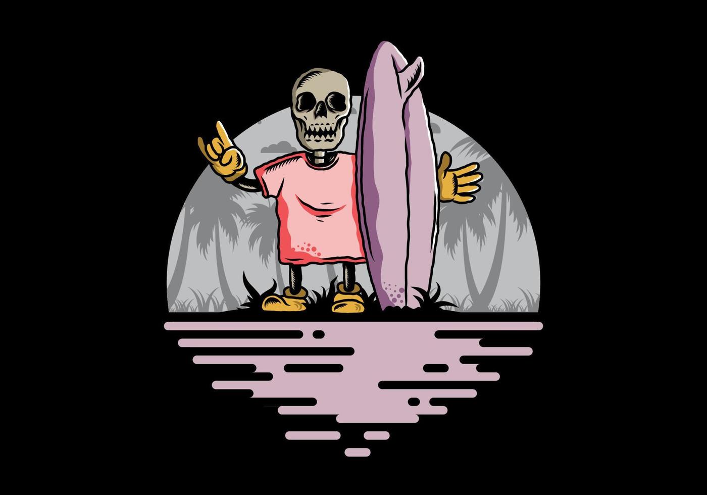 Little skull holding a surfing board illustration design vector