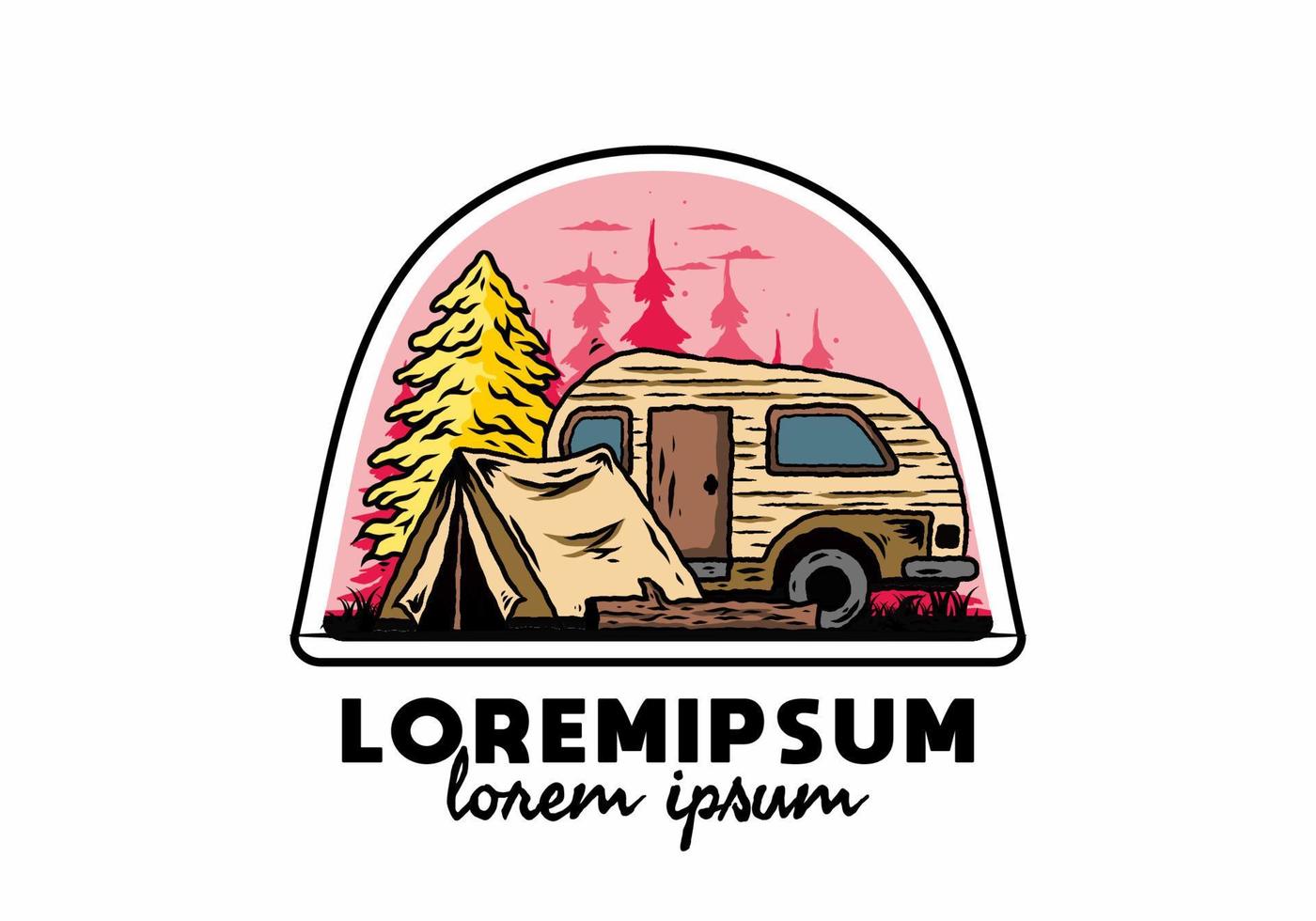 Teardrop camper and tent in front of pine tree illustration vector