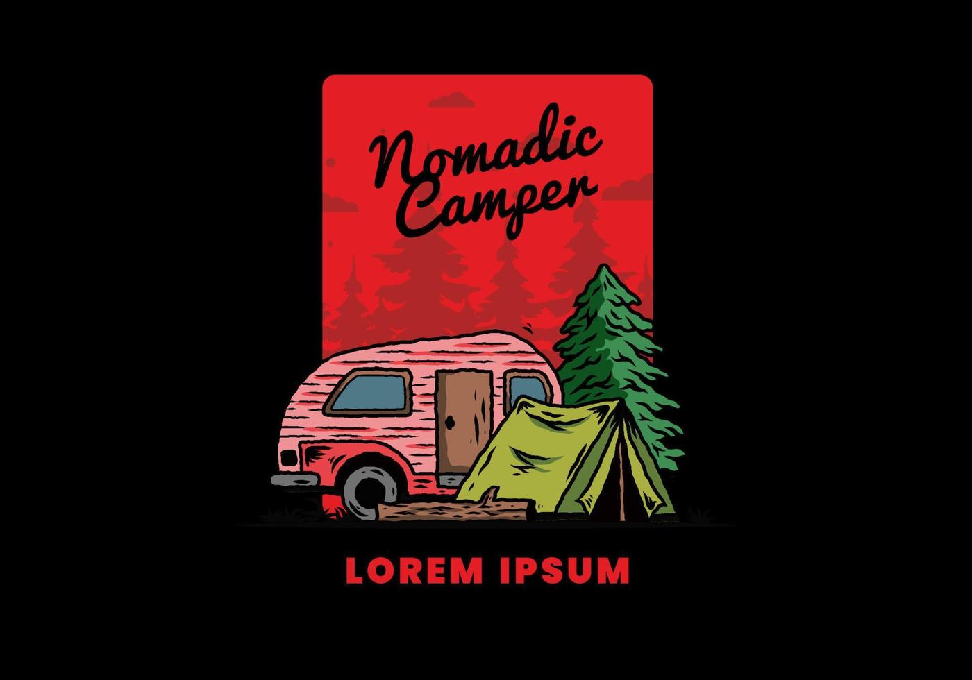 Teardrop camper and tent in front of pine tree illustration vector