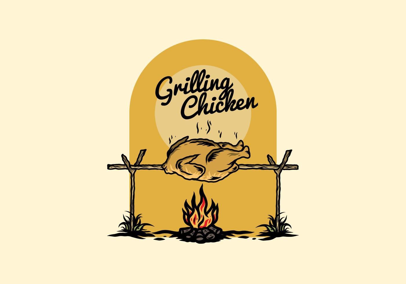 Grilling chicken over bonfire illustration design vector