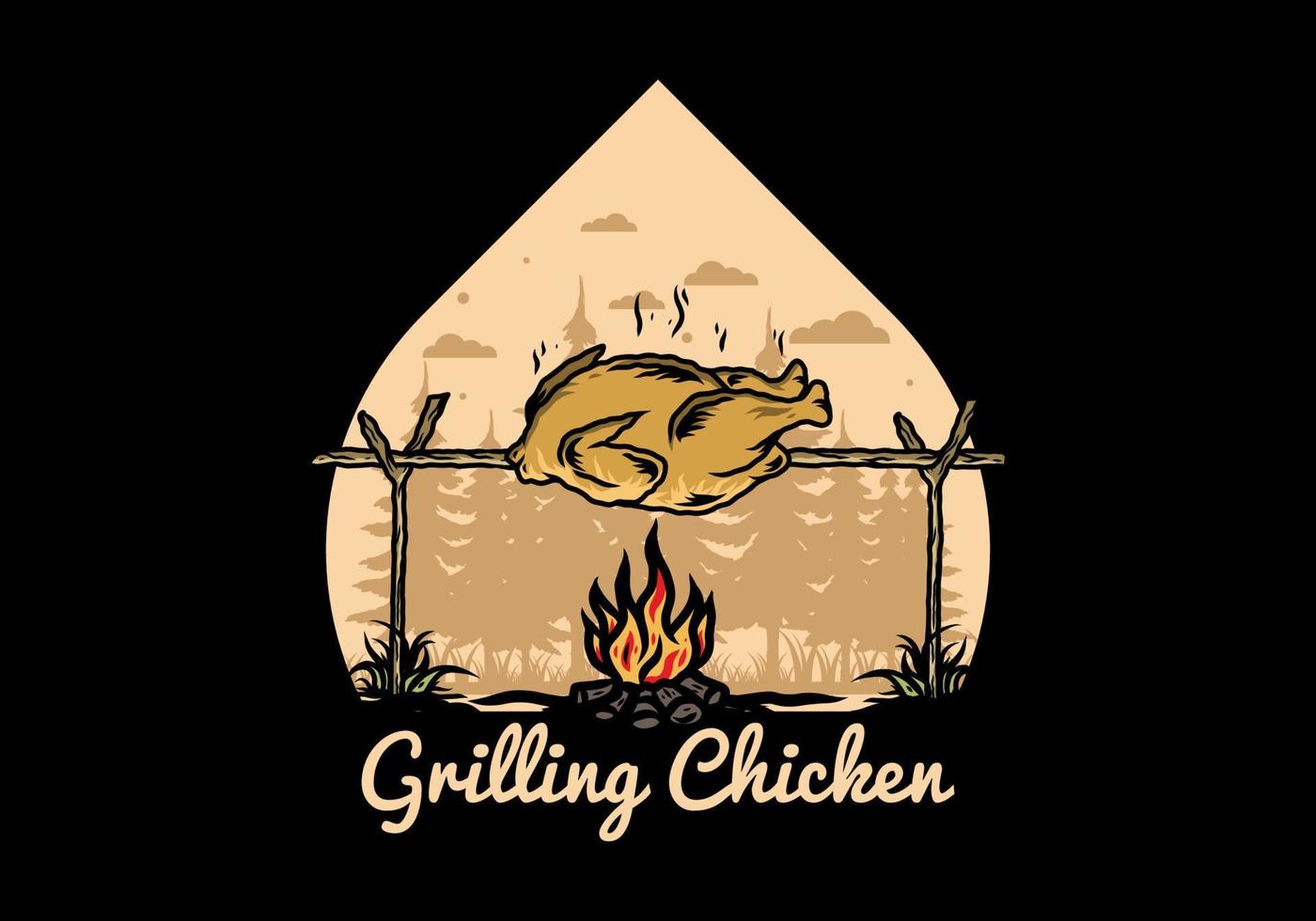 Grilling chicken over bonfire illustration design vector