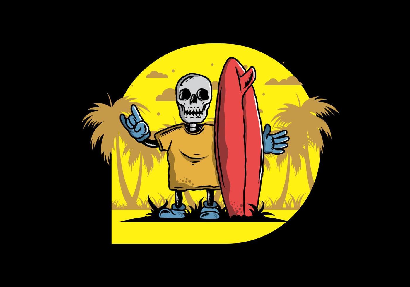 pequeña calavera sosteniendo un diseño de ilustración de tabla de surf vector