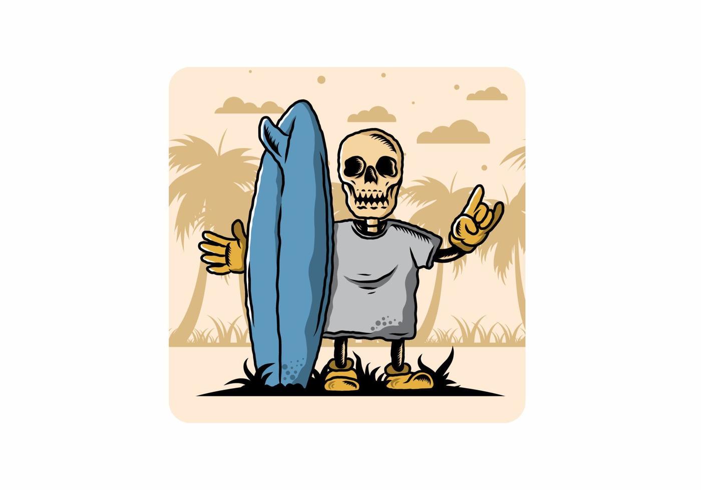 pequeña calavera sosteniendo un diseño de ilustración de tabla de surf vector