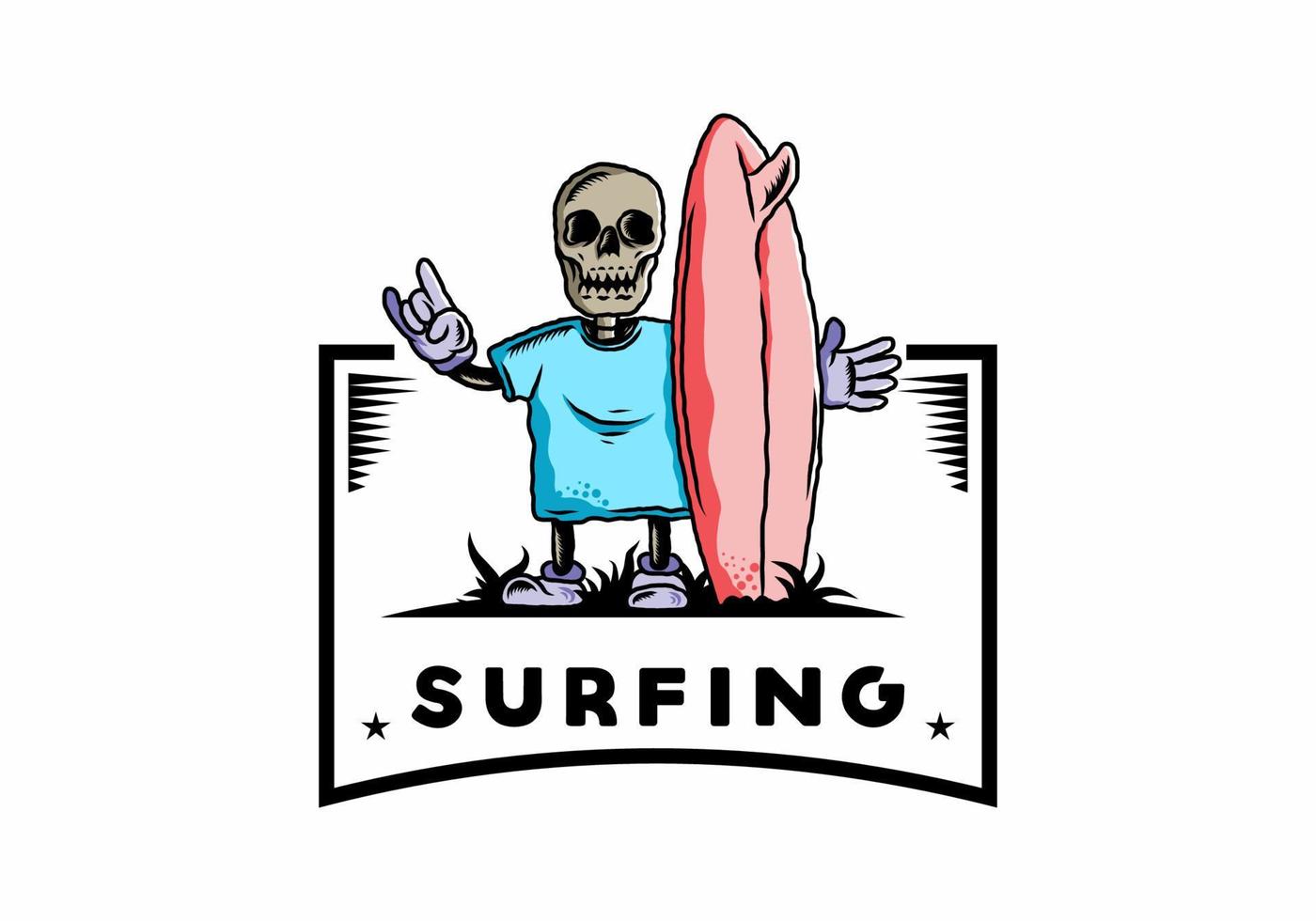 pequeña calavera sosteniendo un diseño de ilustración de tabla de surf vector