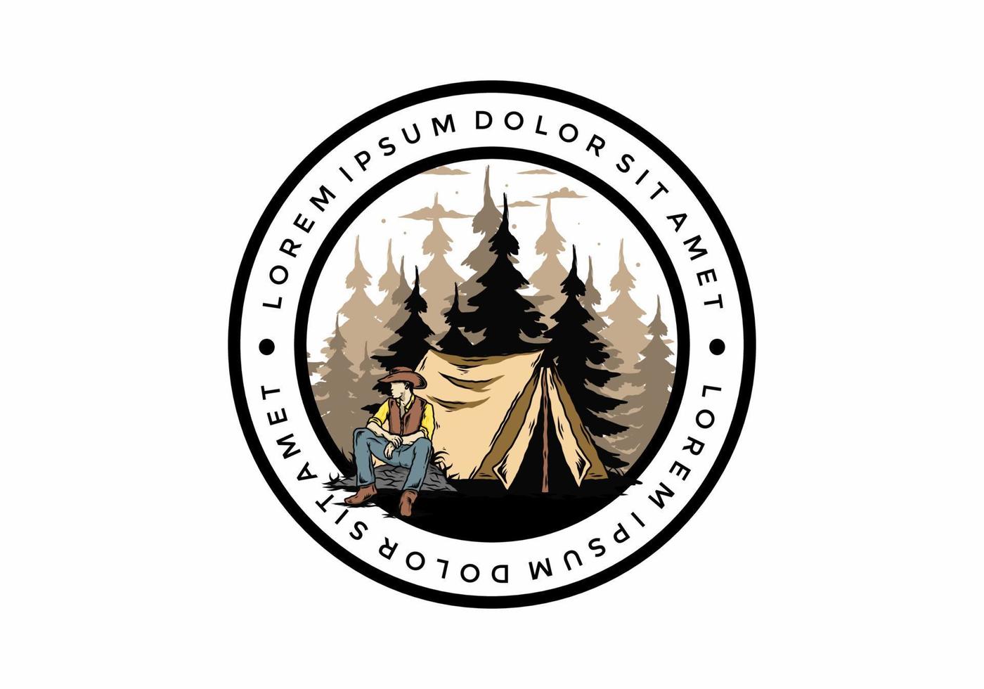Man wearing a cowboy hat sitting in front of the tent illustration vector