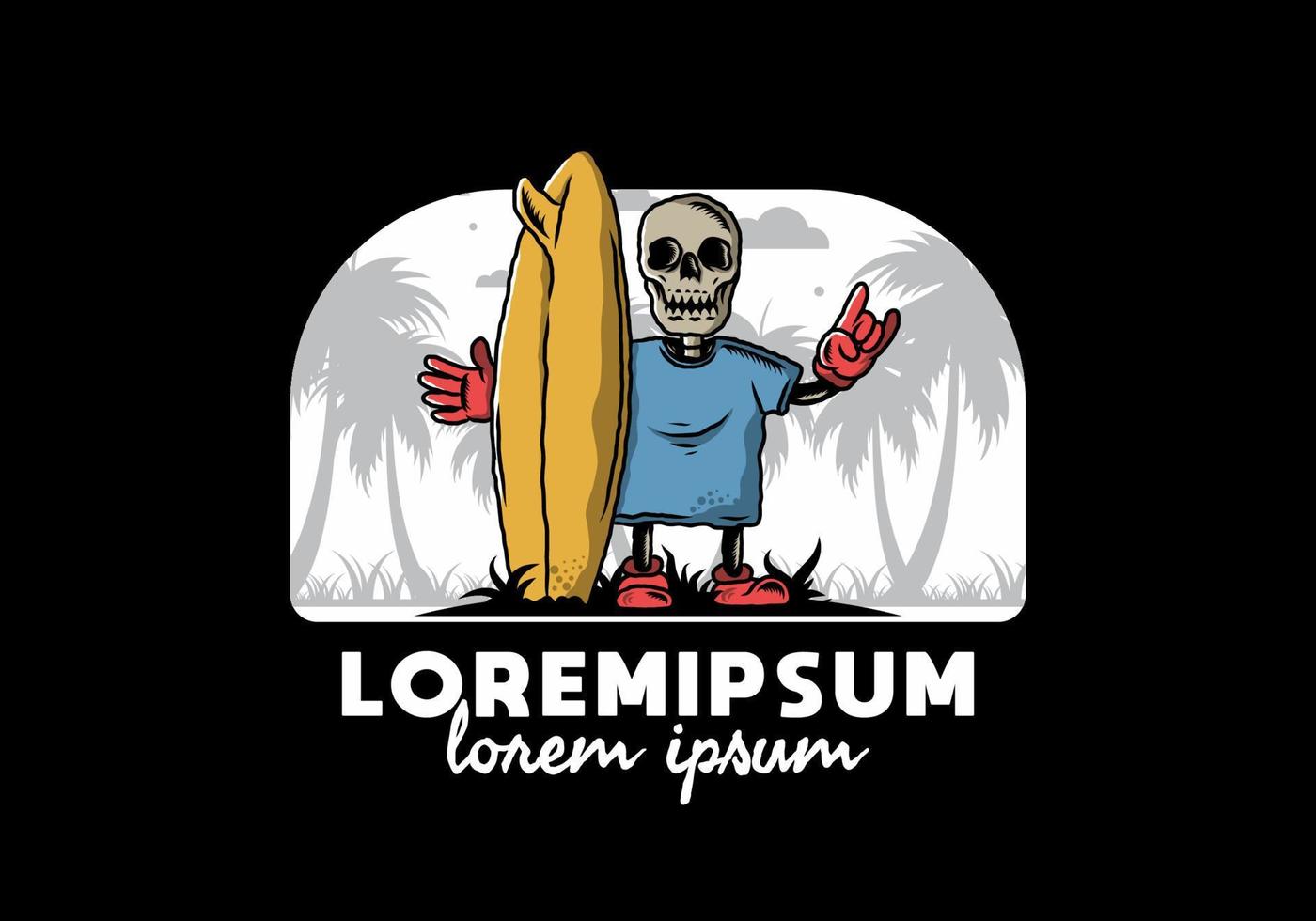 Little skull holding a surfing board illustration design vector