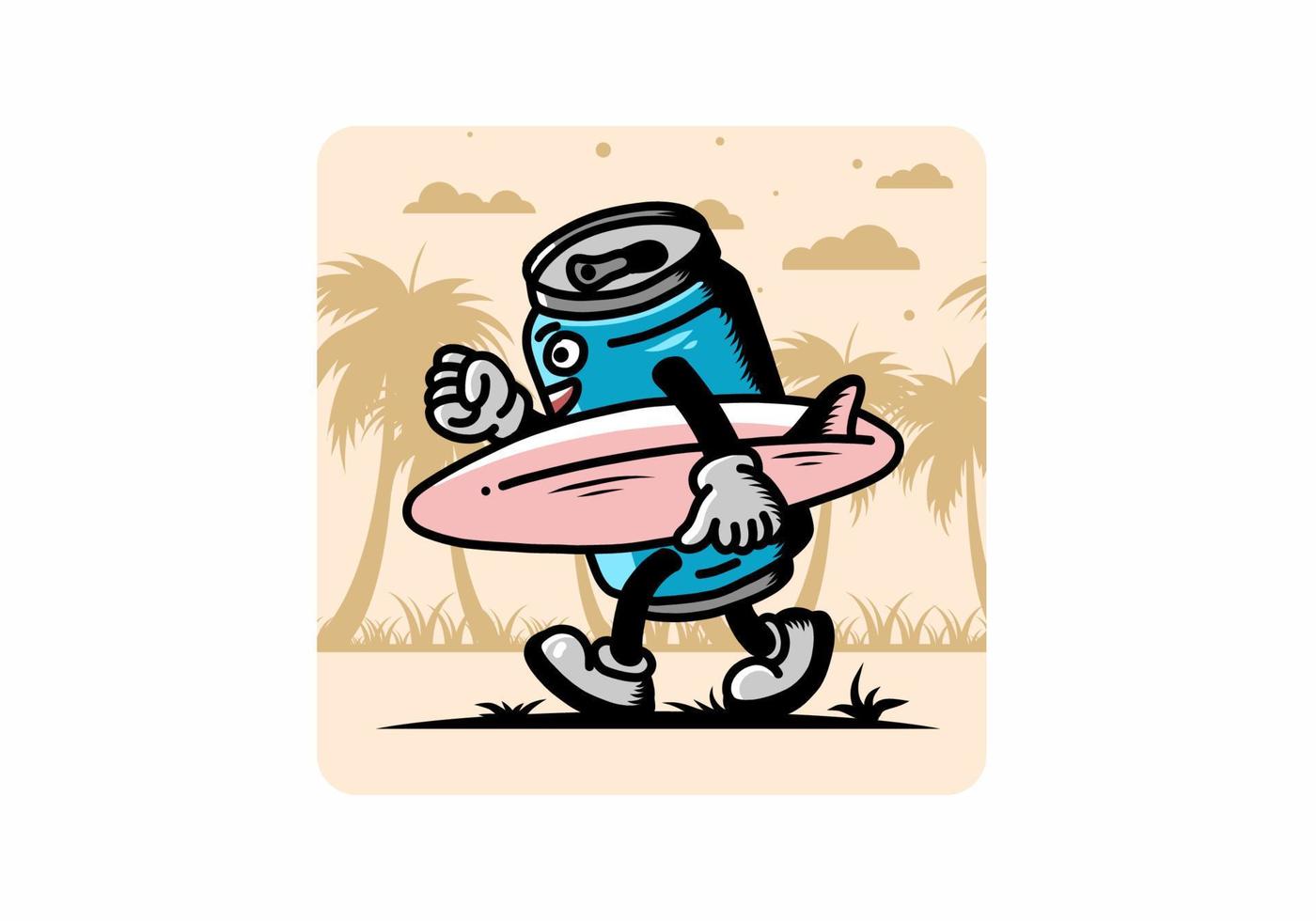 illustration of a drink can holding a surfboard vector