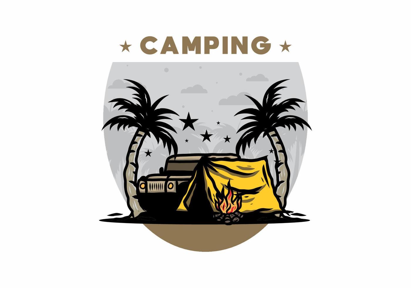 Camping tent in front of car between coconut tree illustration vector