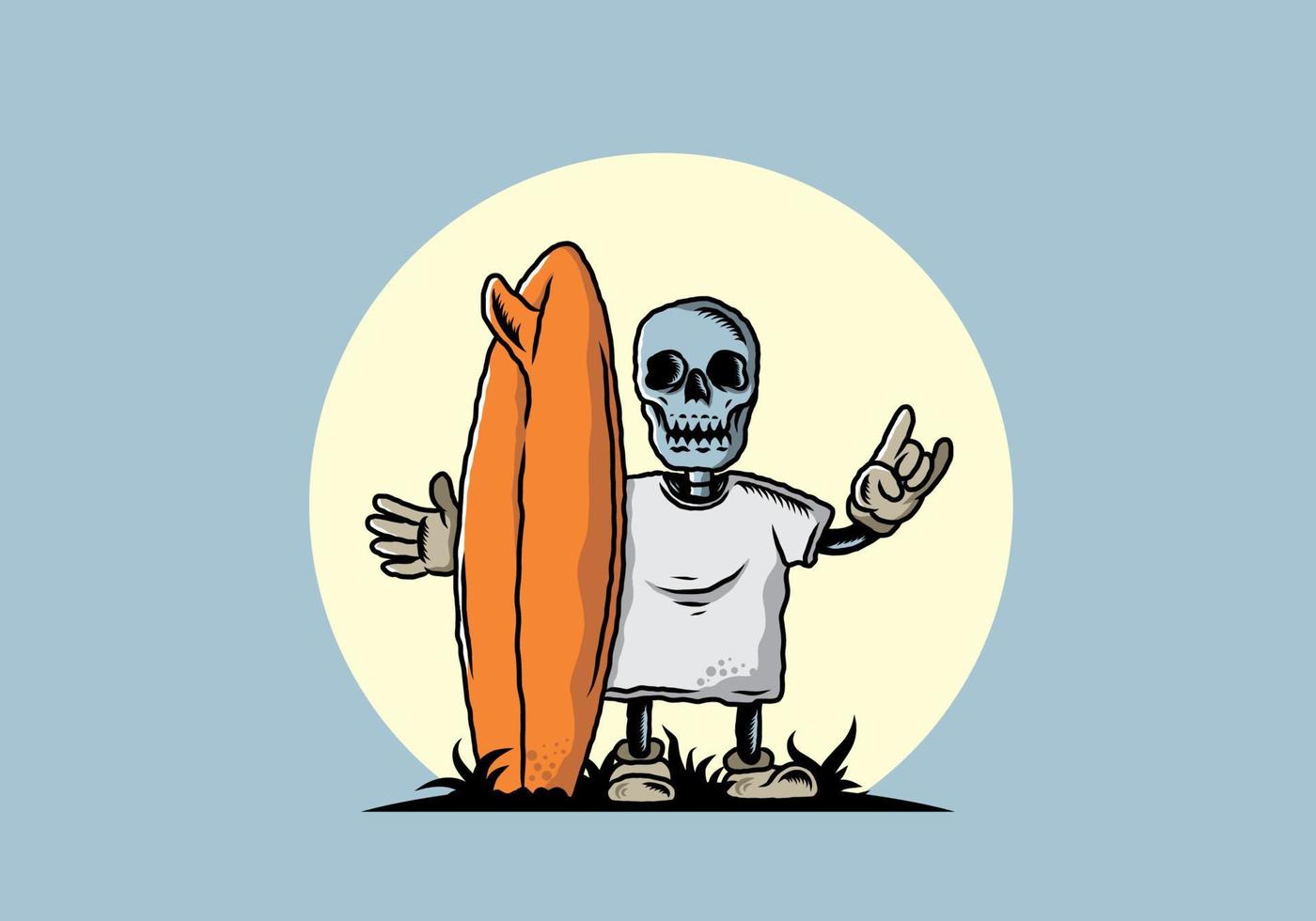 pequeña calavera sosteniendo un diseño de ilustración de tabla de surf vector