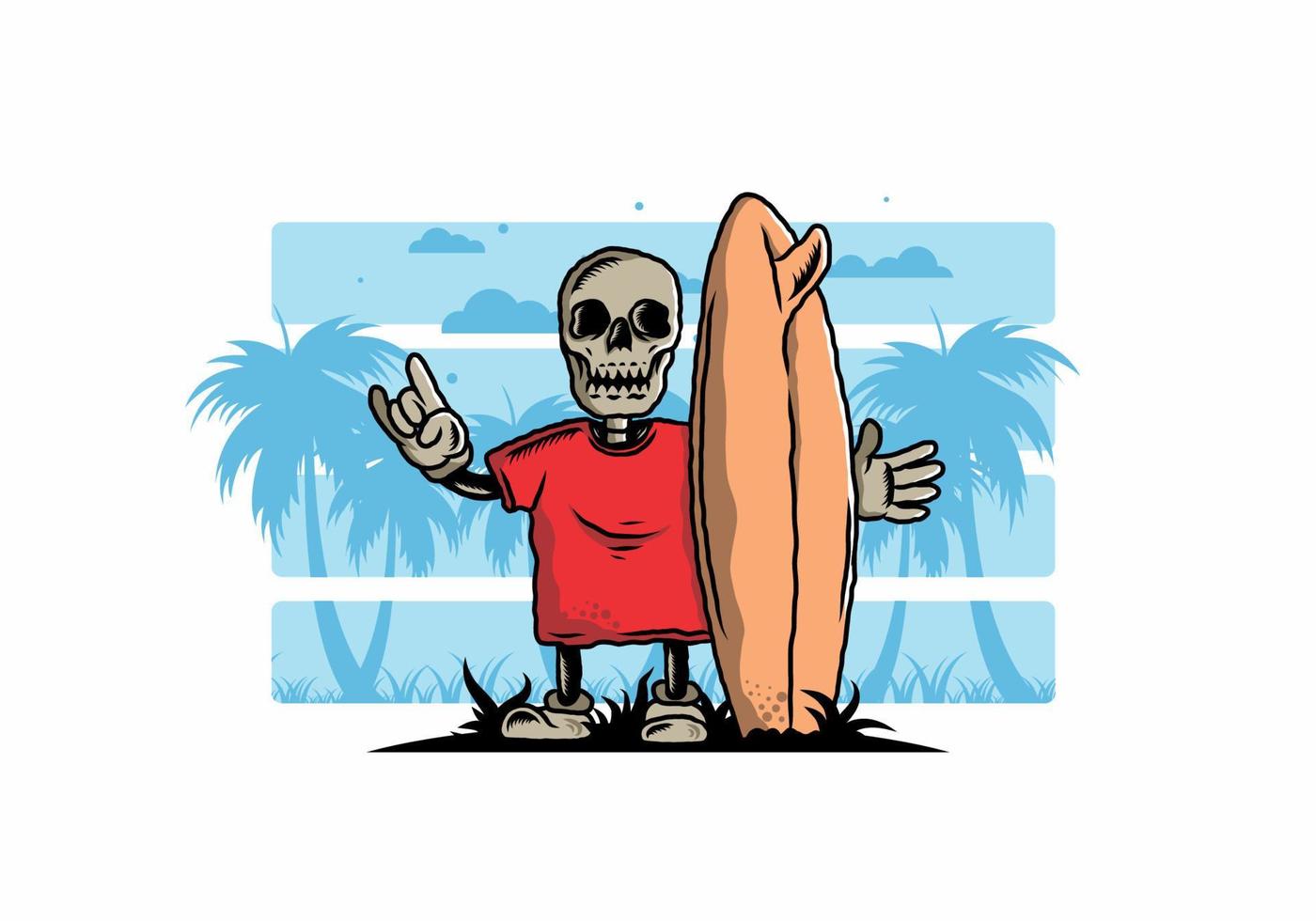 pequeña calavera sosteniendo un diseño de ilustración de tabla de surf vector