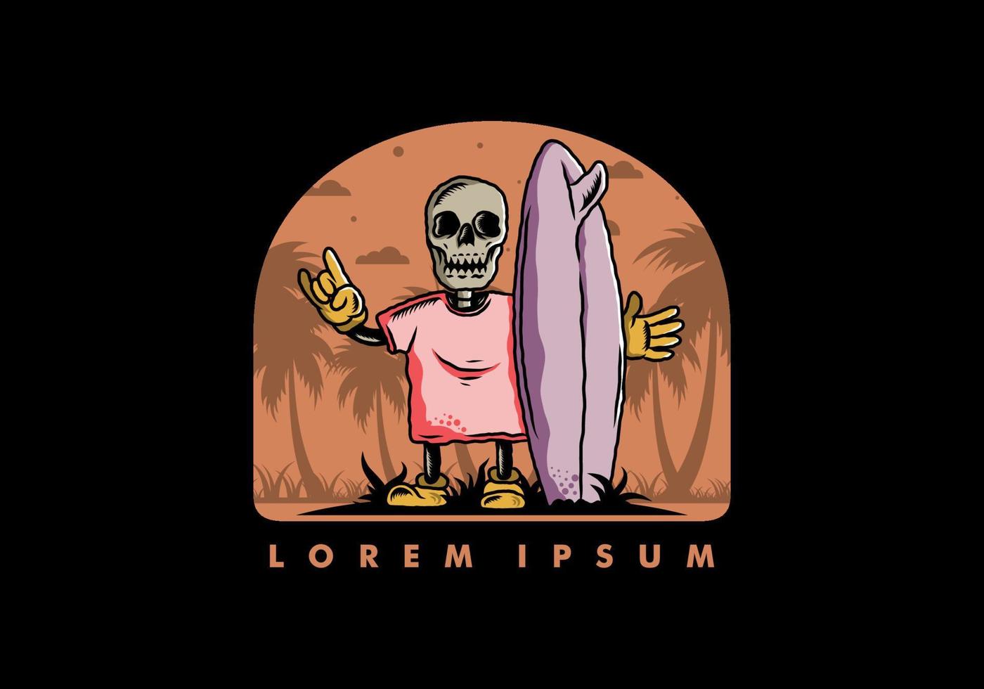 Little skull holding a surfing board illustration design vector
