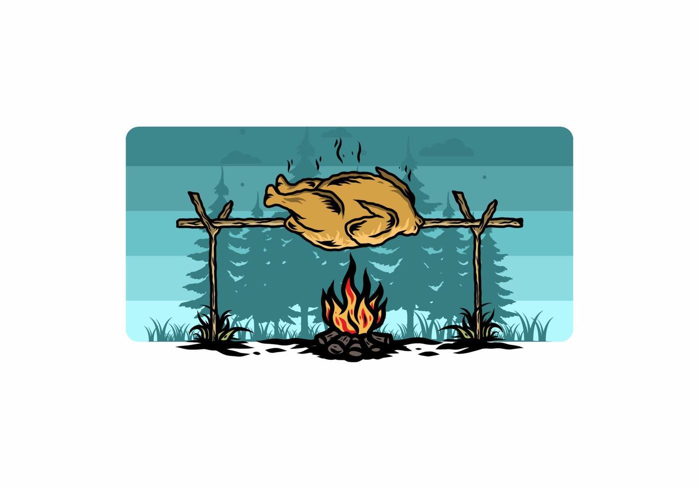 Grilling chicken over bonfire illustration design vector
